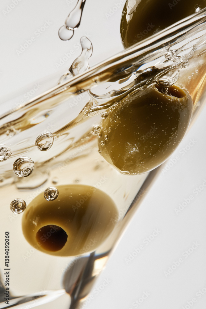 A close-up shot of green olives splashing into a clear martini in a glass.