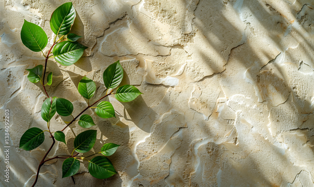 A branch with vibrant green leaves extending across a textured beige wall with shadows cast upon it.