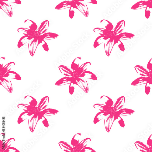 Seamless pattern in Y2K pixel style. Cute pink lily flowers. Perfect for fashion, wrapping paper, wallpaper, digital prints, retro-futuristic design.