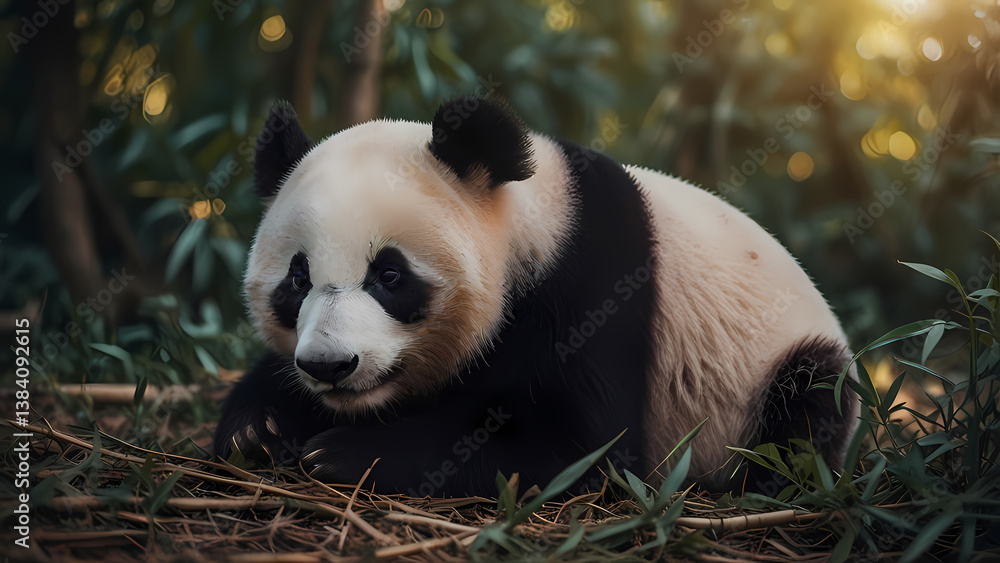 Fototapeta premium Adorable Panda Cub Snuggling on Mother’s Tummy - Wall Decor
