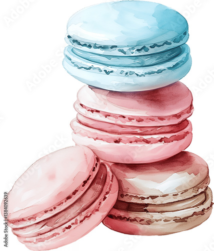 Stack of watercolor painted macarons in pastel blue and pink tones, elegant French dessert illustration for restaurant branding