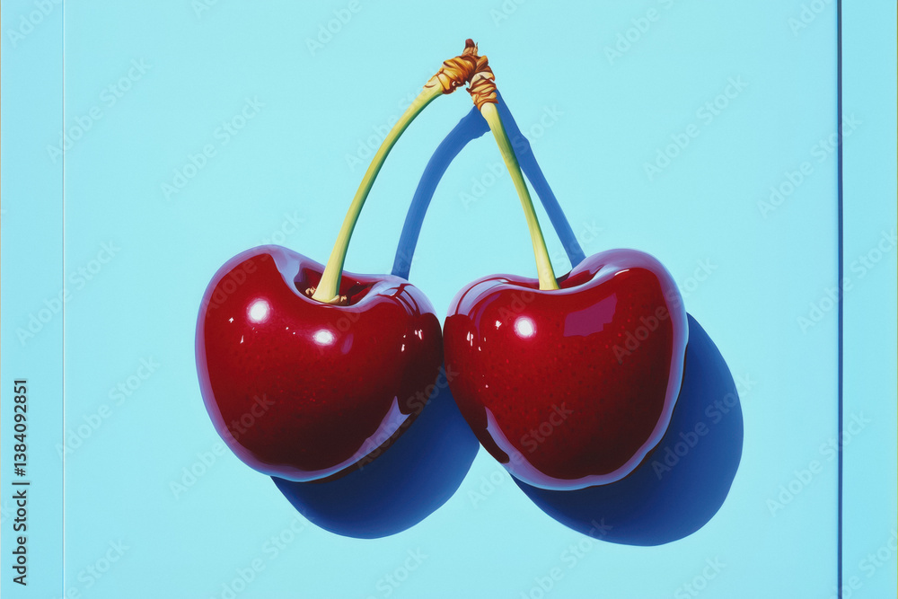 Two ripe red cherries connected by their green stems, casting shadows on a light blue background.