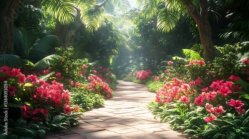 Tropical garden with vibrant exotic blooms and flowers high resolution hd image