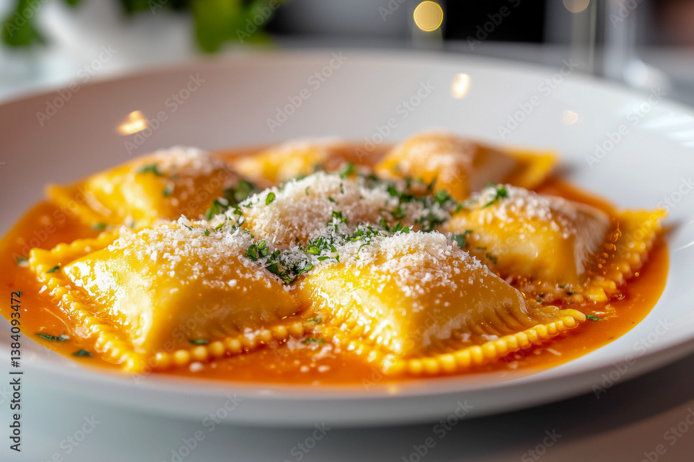 A white plate of homemade ravioli filled with ricotta cheese, served in a vibrant orange tomato sauce, and garnished with freshly grated Parmesan cheese and chopped parsley.