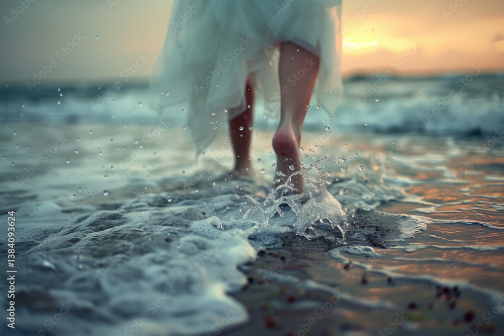 Barefoot legs and the hem of a light-colored dress walking through the shallow water at the edge of a beach during a soft, overcast sunset.