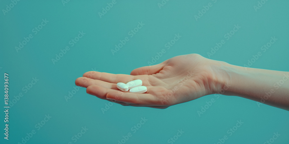 An open hand holding three small white pills against a solid teal background.