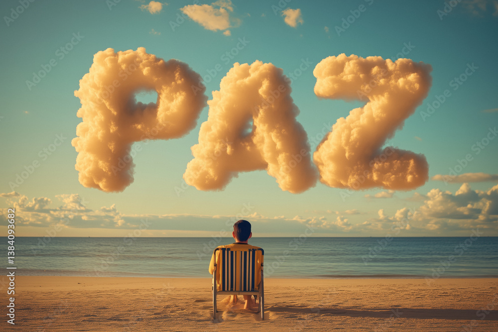 A person sitting in a chair on a beach, looking out at the ocean and the word