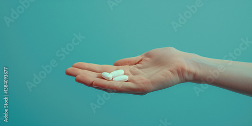 Obraz na płótnie An open hand holding three small white pills against a solid teal background. w salonie