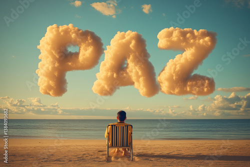 Obraz na płótnie A person sitting in a chair on a beach, looking out at the ocean and the word