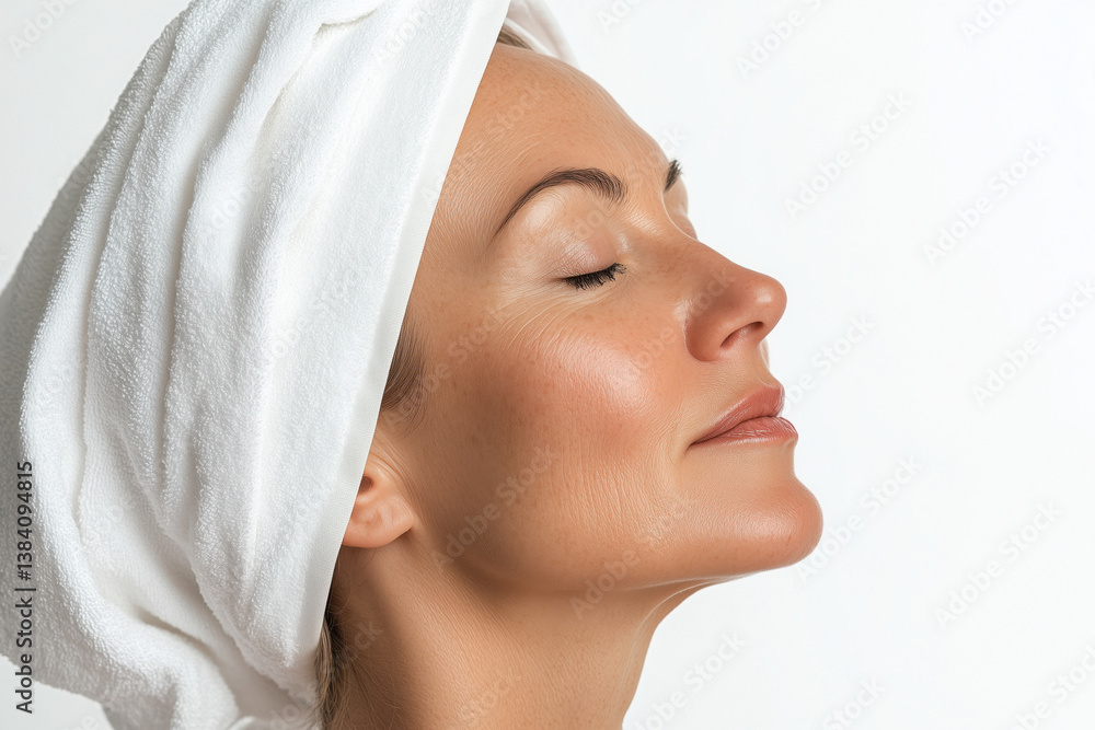 A profile view of a woman with her eyes closed and a white towel wrapped around her head, against a bright white background.