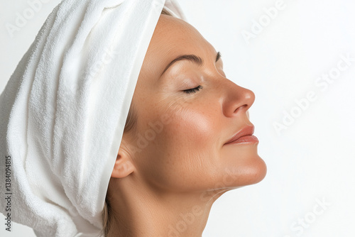 Obraz na płótnie A profile view of a woman with her eyes closed and a white towel wrapped around her head, against a bright white background. w salonie
