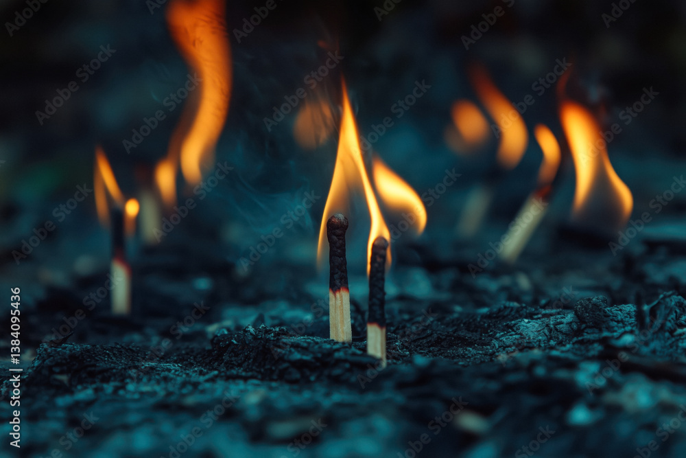 Several lit matches with bright orange and yellow flames burning against a dark, ashy background.