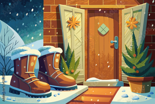 vector of Cozy winter boots are placed next to the wooden door and snowflakes are gently falling out