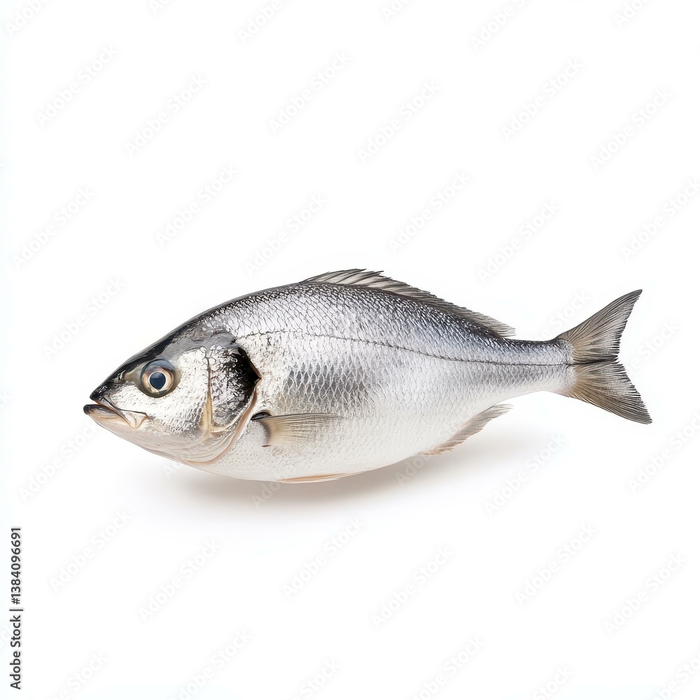 Fototapeta premium Fresh giilt head bream on a clean white background, showcasing its sleek body and vibrant colors.