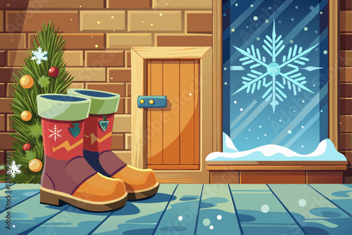 vector of Cozy winter boots are placed next to the wooden door and snowflakes are gently falling out