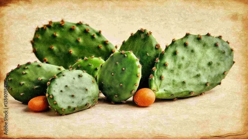 Group of prickly pear cactus pads with small fruit