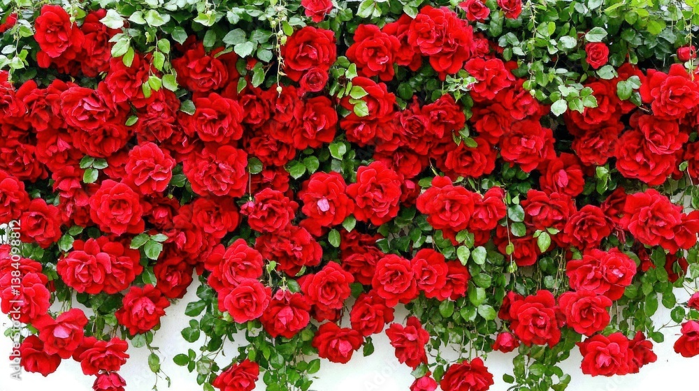 Lush cascade of vibrant red roses cascading down a white wall Lush cascade of vibrant red roses cascading down a white wall
