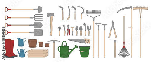 Garden tools set. Vector illustration isolated on white. Black line. Coloring page.