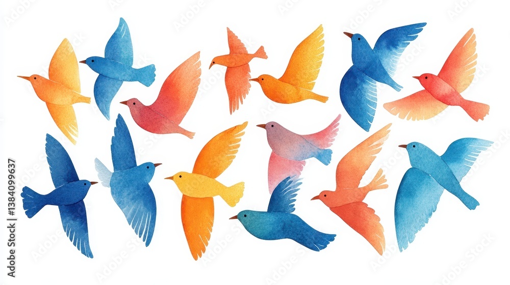 A row of birds in the sky with different colors A row of birds in the sky with different colors
