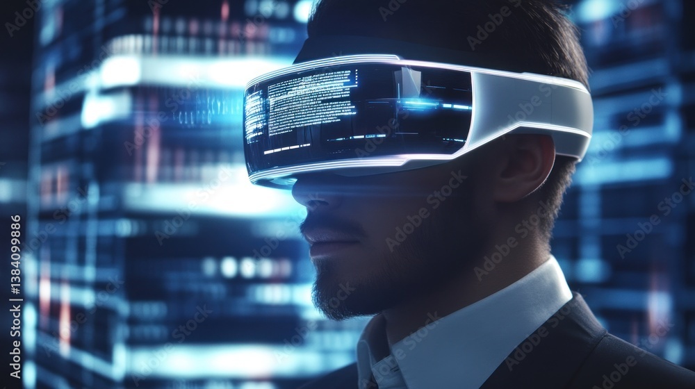 Man wearing futuristic VR headset, immersed in digital data visualization. Man wearing futuristic VR headset, immersed in digital data visualization.