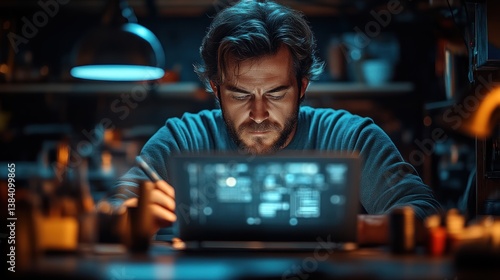 Concentrated Man Working on Laptop at Night in Workshop