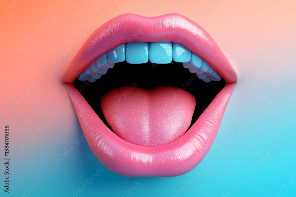 Obraz premium A human mouth with tongue illustrated in vector art style, set against a split pink and blue background, bold and modern.