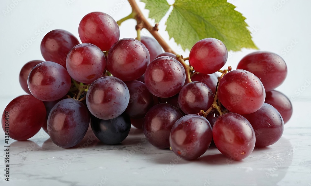 Fototapeta premium Cluster of ripe red grapes with a fresh green leaf against plain background