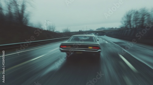 Classic muscle car driving on a rain-swept highway.