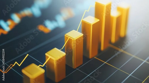 Ascending golden bar graph illustrating growth and financial success over a dark background with subtle line charts.