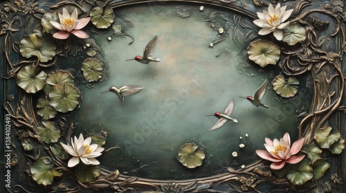 Pond with water lilies birds and decorative border in an artistic style.