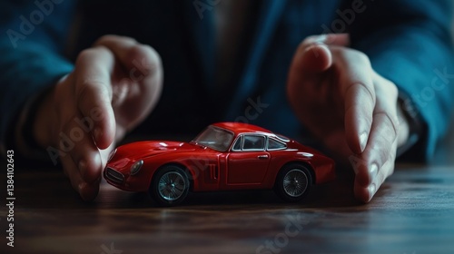 Hands protecting a red classic toy car on a wooden table.