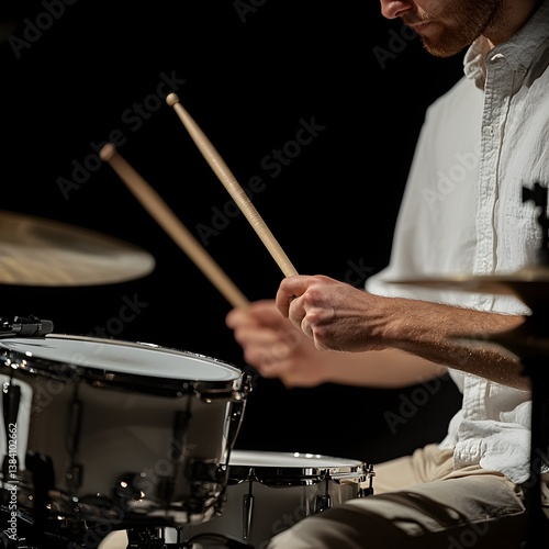 Close up of Male Drummer s Hands Playing Drumsticks on Snare Drum Kit in Dark Studio