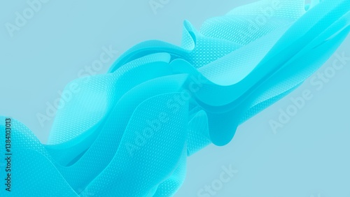 Smooth cyan 3D fabric wave with mesh pattern, flowing motion and futuristic digital texture