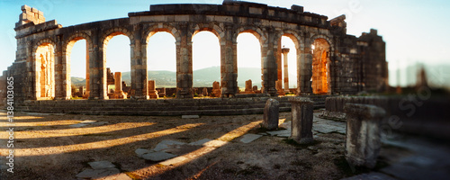 Panoramic view of ancient Roman ruins at an archaeological site, Volubilis, Morocco.