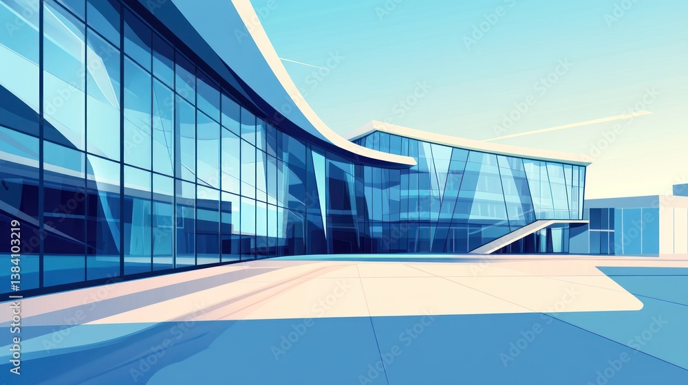 Obraz premium Modern glass building exterior, sunny day, plaza, urban architecture, website design