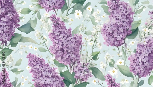 Blooming Lilac and Daisy Flower Pattern with Pastel Background