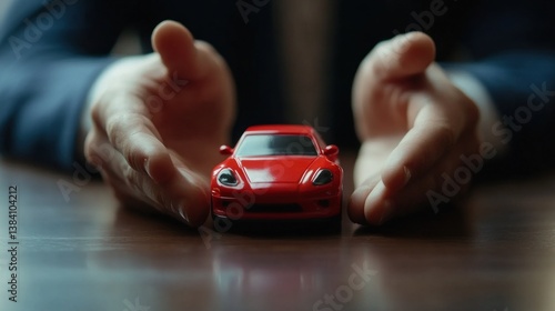 Close-up of hands protecting a red toy car.