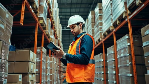 Team Reviewing Logistics Plan in Busy Warehouse Environment