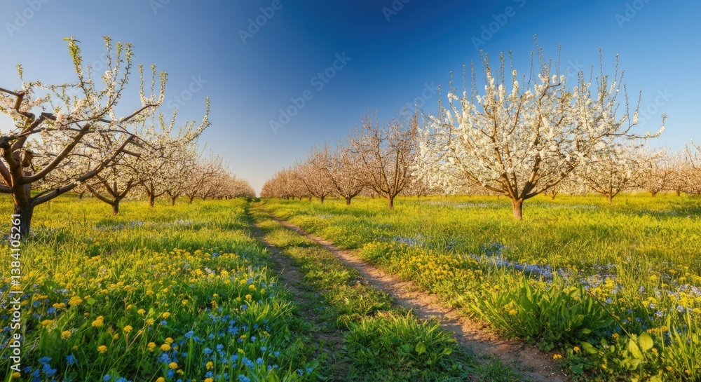 Beautiful springtime orchard with blossoming trees and vibrant wildflowers under clear blue sky Beautiful springtime orchard with blossoming trees and vibrant wildflowers under clear blue sky