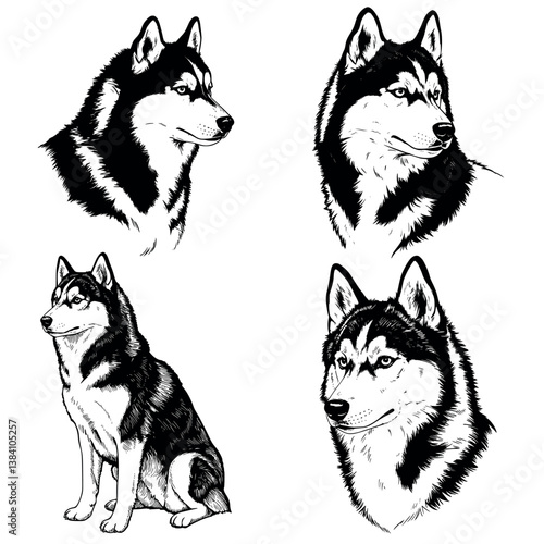 Vintage Black and White Vector Illustration of a Snow Dog Husky