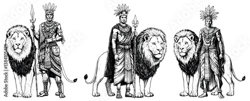 Vintage Black and White Vector Illustration of African Kings with Lions