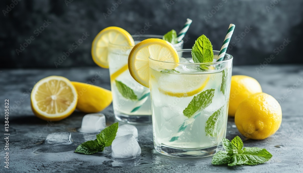 Fototapeta premium Homemade Lemonade With Lemon And Mint On A Grey Background: A Refreshing Beverage Served With Ice For A Cooling Treat