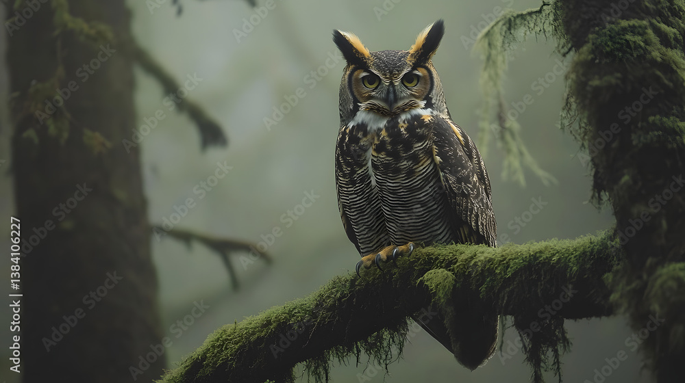 Obraz premium Majestic owl perches on a mossy branch amidst the misty forest, its piercing gaze conveying wisdom and power in this serene woodland portrait. A symphony of nature's quiet strength.