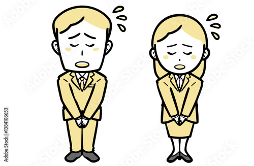 謝罪する、スーツを着た若い男女