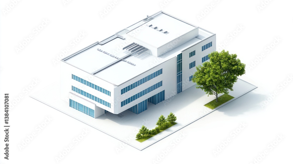 Modern office building, isometric view, trees, white background, architectural design