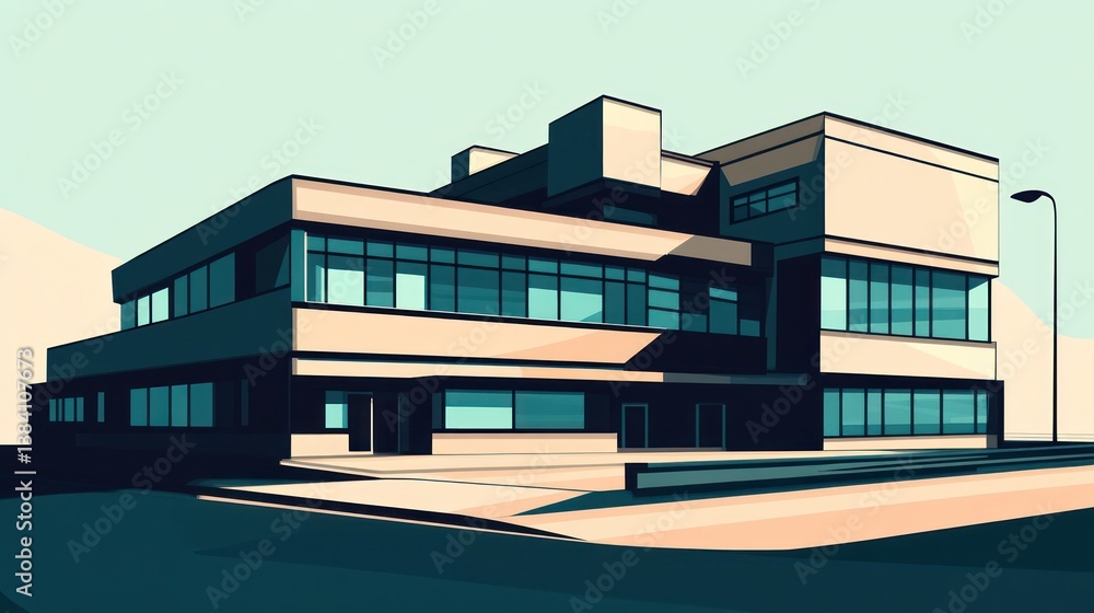 Modern office building, sunny day, city background, architectural design