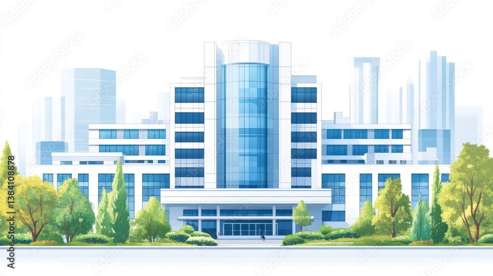 Modern office building cityscape; green landscape; urban background; website banner
