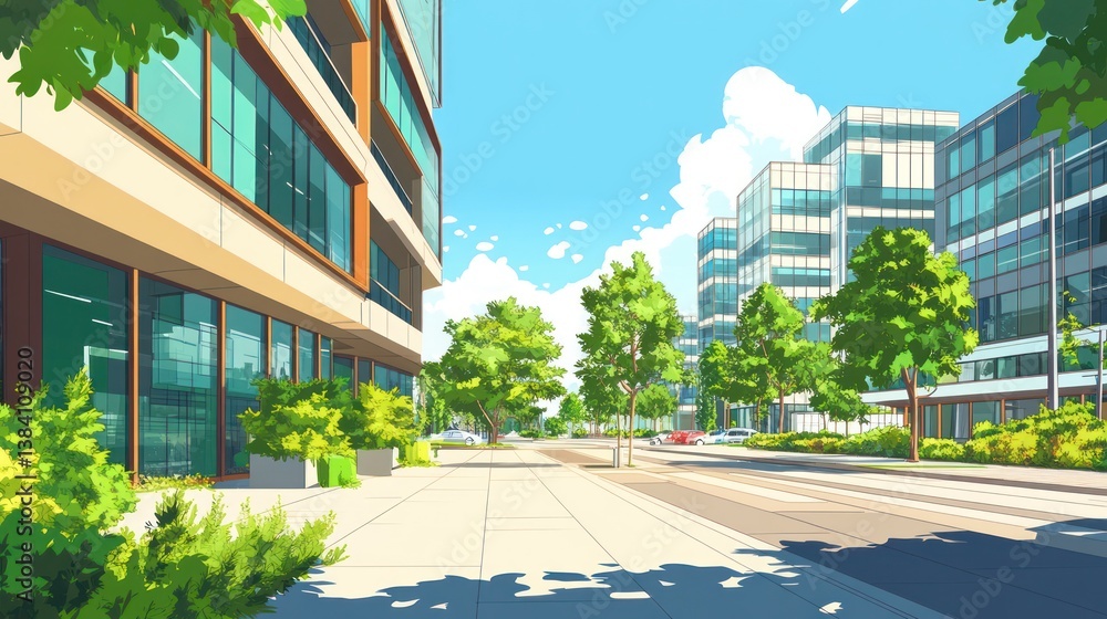 Sunny city street, modern buildings, green trees, summer day, urban landscape, background for website