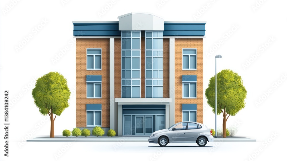 Office building, car parked, trees, street, urban scene; ideal for real estate