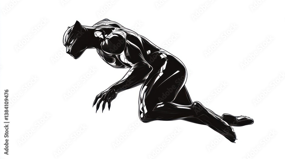 Black panther-like figure crouching, white background, action pose, illustration